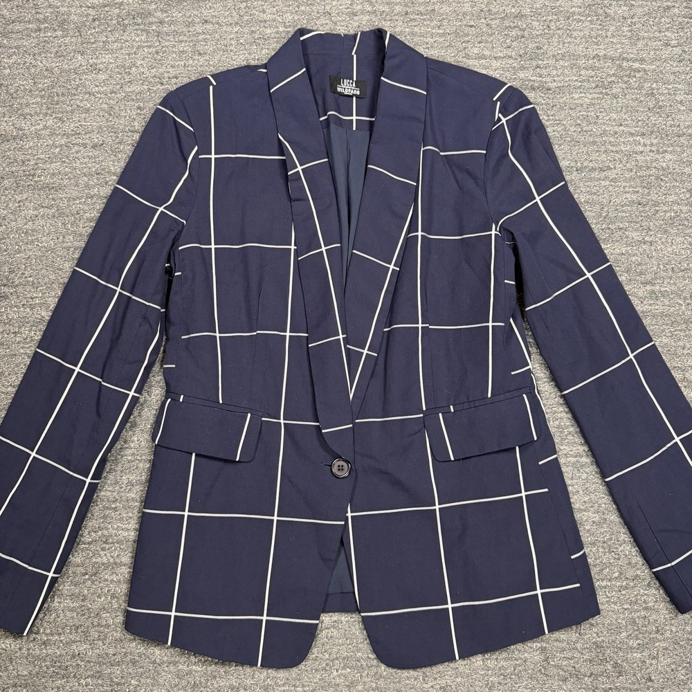 Wildfang  X Lucca Couture Blazer Medium Navy White Windowpane Lightweight Career